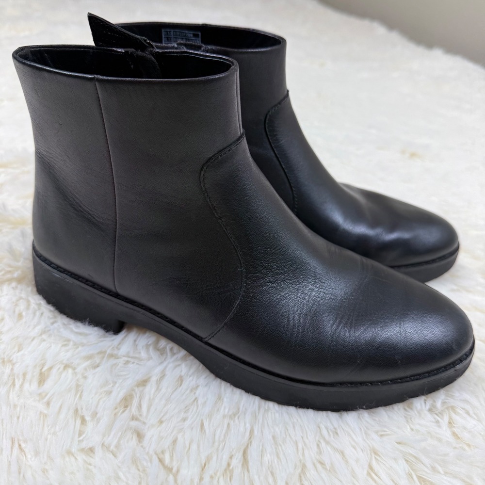 FitFlop Ankle Boots Women 7.5 Black Leather Supercomff Zip Up Chelsea Ergonomic